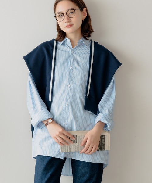 ROOPTOKYO(ループトウキョウ)の「ワンポイント ロゴ刺繍 ボタンダウンストライプシャツ ユニセックス オーバーサイズ ベーシック(シャツ/ブラウス・レディース・ブルー・FREE)」の7枚目の写真