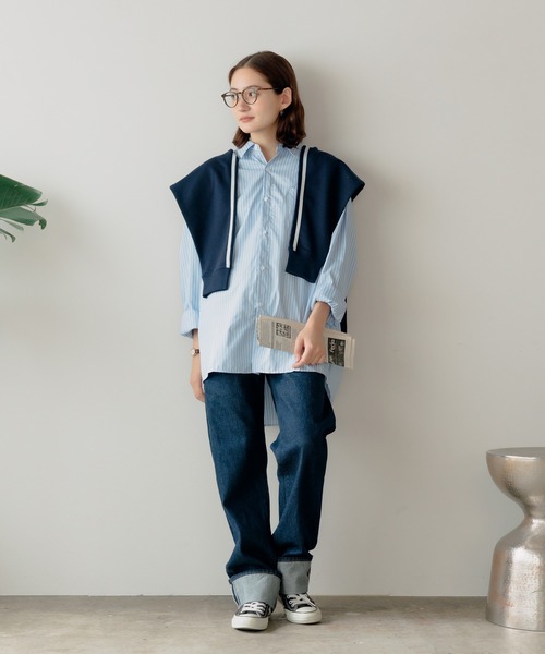 ROOPTOKYO(ループトウキョウ)の「ワンポイント ロゴ刺繍 ボタンダウンストライプシャツ ユニセックス オーバーサイズ ベーシック(シャツ/ブラウス・レディース・ブルー・FREE)」の8枚目の写真