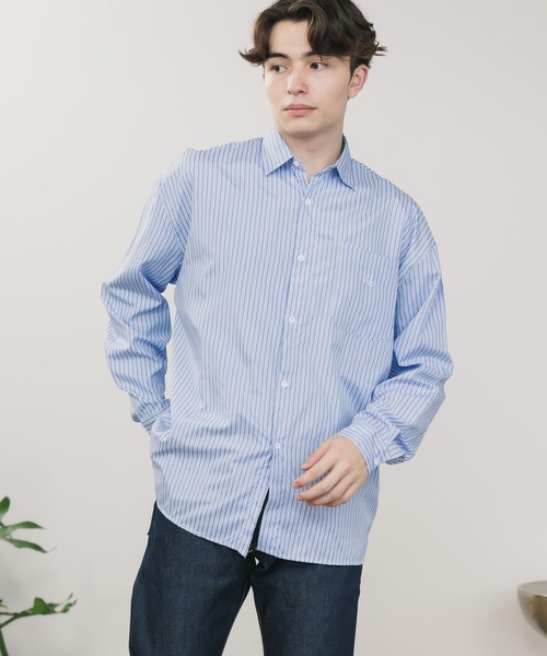 ROOPTOKYO(ループトウキョウ)の「ワンポイント ロゴ刺繍 ボタンダウンストライプシャツ ユニセックス オーバーサイズ ベーシック(シャツ/ブラウス・レディース・ブルー・FREE)」の11枚目の写真
