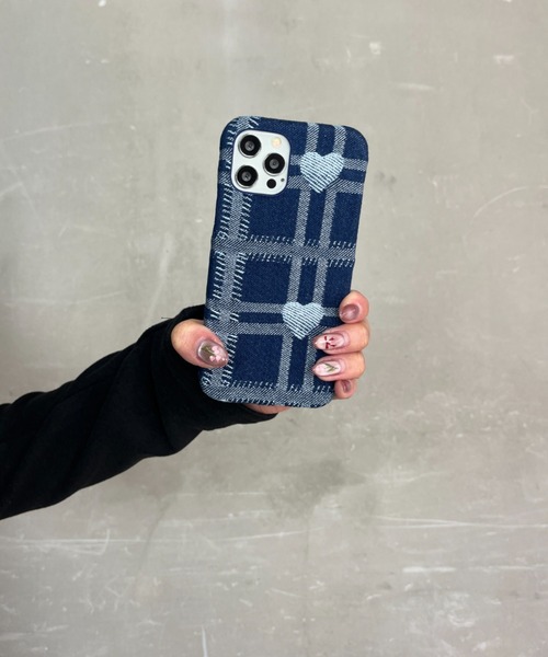 セール】デニム素材 チェック ハート / スマホカバー iPhoneケース ( 7