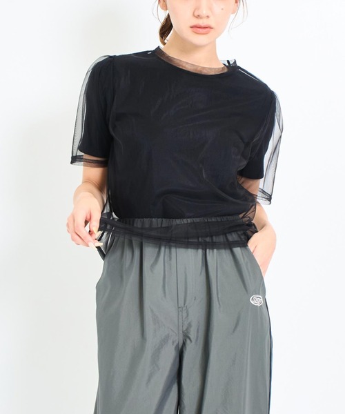 ANAP（アナップ）の「チュール×テレコリブTシャツ（Tシャツ/カットソー・レディース・ブラック/ホワイト/モスグリーン・FREE）」の2枚目の写真