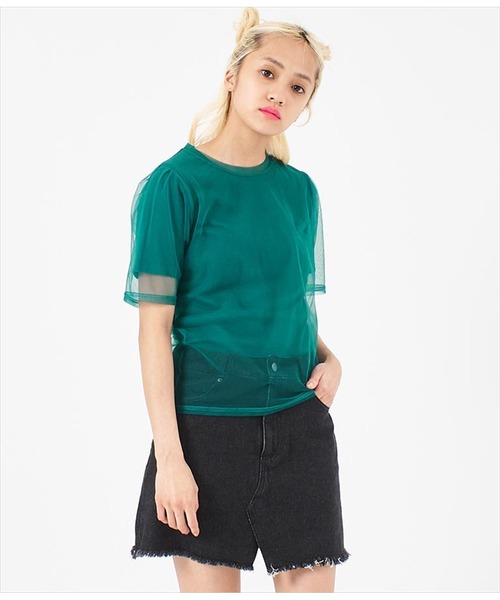 ANAP（アナップ）の「チュール×テレコリブTシャツ（Tシャツ/カットソー・レディース・ブラック/ホワイト/モスグリーン・FREE）」の16枚目の写真