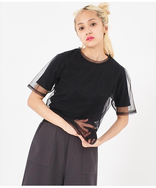 ANAP（アナップ）の「チュール×テレコリブTシャツ（Tシャツ/カットソー・レディース・ブラック/ホワイト/モスグリーン・FREE）」の10枚目の写真