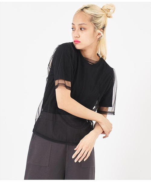 ANAP（アナップ）の「チュール×テレコリブTシャツ（Tシャツ/カットソー・レディース・ブラック/ホワイト/モスグリーン・FREE）」の11枚目の写真