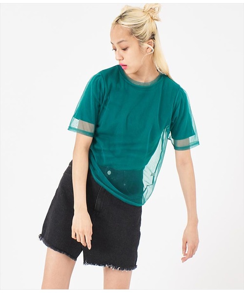 ANAP（アナップ）の「チュール×テレコリブTシャツ（Tシャツ/カットソー・レディース・ブラック/ホワイト/モスグリーン・FREE）」の15枚目の写真