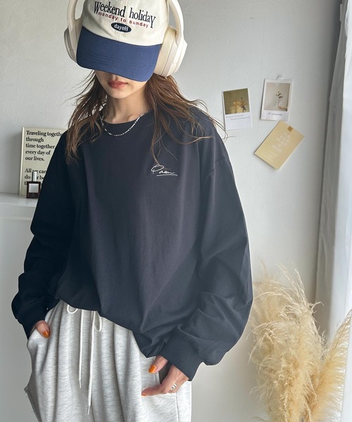 classicalelf（クラシカルエルフ）の「シンプルカジュアルを格上げ。綿100%ワンポイント胸刺繍シンプル オーバーサイズ ロンTee（Tシャツ/カットソー・レディース・ピンクベージュ/ブラック/オートミール/オフホワイト/グレイッシュベージュ・X-LARGE/LARGE/MEDIUM/SMALL）」の12枚目の写真