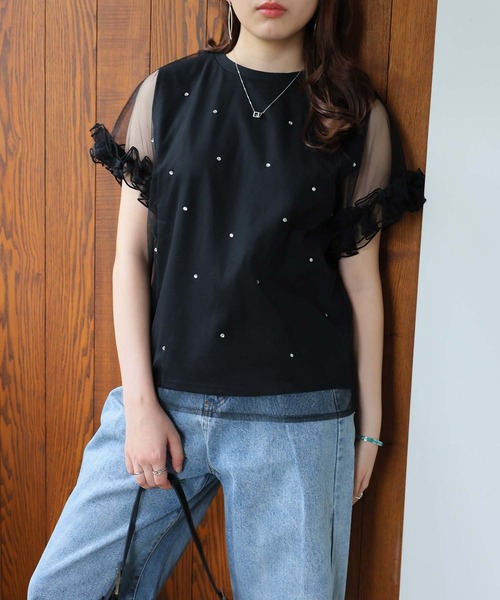 Girly Doll(ガーリードール)の「ビジューチュールレイヤードTシャツ(Tシャツ/カットソー・レディース・オフホワイト/ブラック・F)」の7枚目の写真