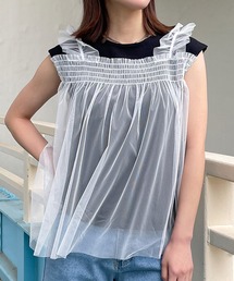 《チュール重ね×ふんわりシルエット》レディース ノースリーブ ニット トップス 体型カバー 春夏秋