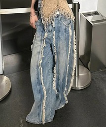フリンジワイドルーズデニムパンツ