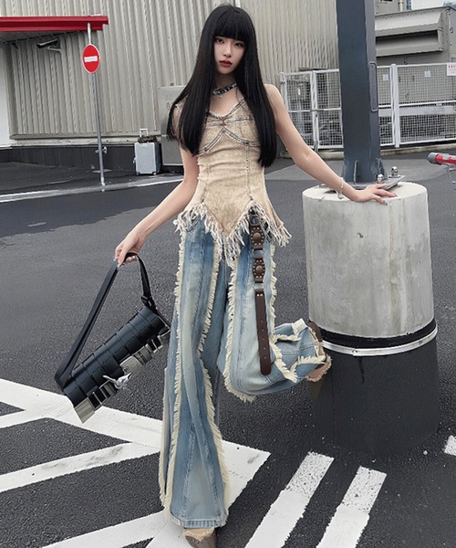 Sibra(シブラ)の「フリンジワイドルーズデニムパンツ(デニムパンツ・レディース・サックスブルー・S/L/M)」の5枚目の写真