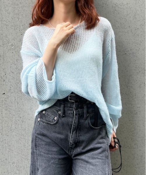 DOUBLE NAME（ダブルネーム）の「モヘアタッチシアーニットゆるプルオーバー（ニット/セーター・レディース・ピンク/スミクロ/オフホワイト/ブルー・FREE）」の13枚目の写真