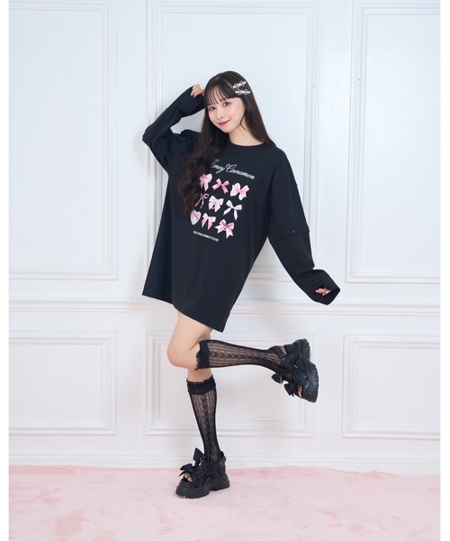 Honey Cinnamon（ハニーシナモン）の「pink ribbon 袖スリットロンT（Tシャツ/カットソー・レディース・ブラック/ホワイト・FREE）」の3枚目の写真