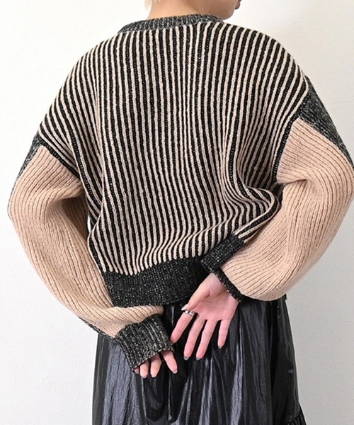 STYLEBLOCK（スタイルブロック）の「ストライプニットショートプルオーバー（ニット/セーター・レディース・ブラック/ベージュ/ライトベージュ/イエロー・M）」の6枚目の写真