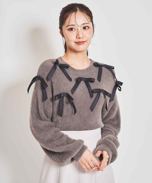 31 Sons de mode(トランテアン ソン ドゥ モード)の「リボン付きヘアリーニット(ニット/セーター・レディース・ライトグレー/オフホワイト/チャコールグレー・フリー)」の3枚目の写真