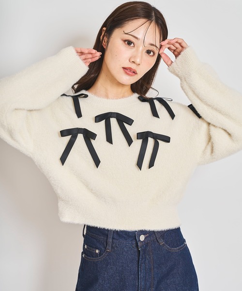 31 Sons de mode(トランテアン ソン ドゥ モード)の「リボン付きヘアリーニット(ニット/セーター・レディース・ライトグレー/オフホワイト/チャコールグレー・フリー)」の9枚目の写真