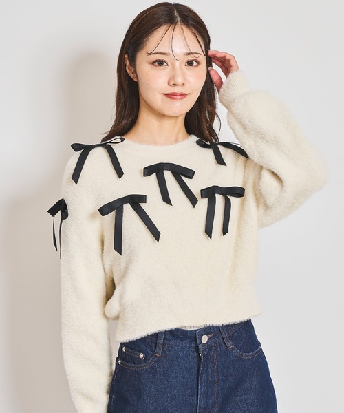 31 Sons de mode(トランテアン ソン ドゥ モード)の「リボン付きヘアリーニット(ニット/セーター・レディース・ライトグレー/オフホワイト/チャコールグレー・フリー)」の11枚目の写真