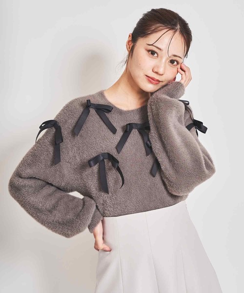 31 Sons de mode(トランテアン ソン ドゥ モード)の「リボン付きヘアリーニット(ニット/セーター・レディース・ライトグレー/オフホワイト/チャコールグレー・フリー)」の17枚目の写真