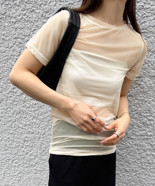 select MOCA by son（セレクトモカバイソン）の「センターラインシアーロングトップス（Tシャツ/カットソー・レディース・グレイッシュベージュ/アイボリー/ブラック・FREE）」の2枚目の写真