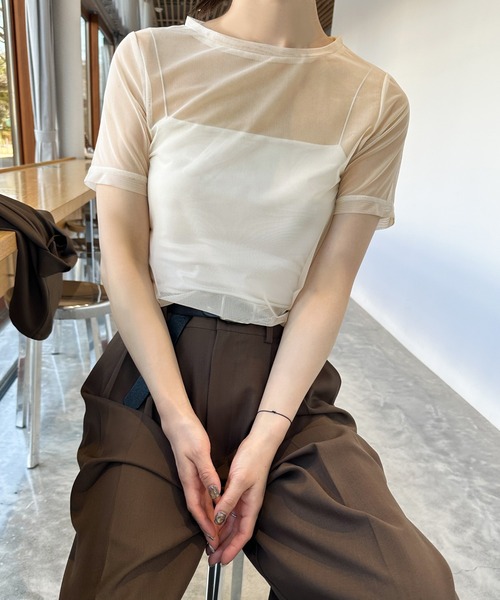 select MOCA by son（セレクトモカバイソン）の「センターラインシアーロングトップス（Tシャツ/カットソー・レディース・グレイッシュベージュ/アイボリー/ブラック・FREE）」の7枚目の写真