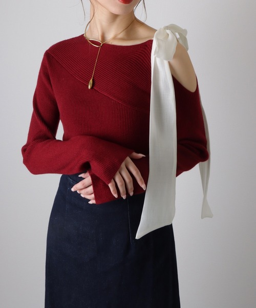 ribbon off shoulder knit pullover /肩リボン オフショルダー