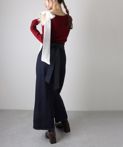 ribbon off shoulder knit pullover /肩リボン オフショルダー