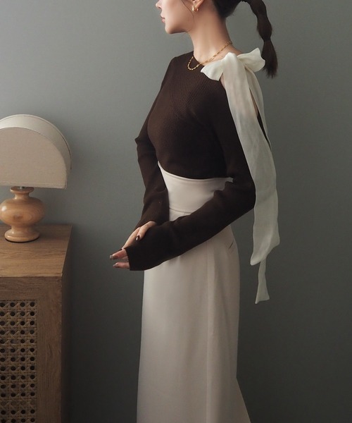 ribbon off shoulder knit pullover /肩リボン オフショルダー ニット