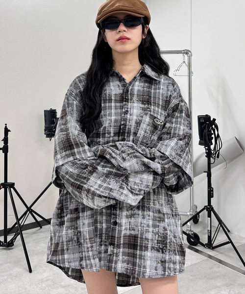 Figments（フィグメンツ）の「フェイクレイヤードチェックシャツ（シャツ/ブラウス・レディース・ブラック/ブラウン・FREE）」の16枚目の写真