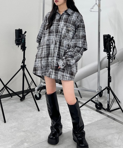 Figments（フィグメンツ）の「フェイクレイヤードチェックシャツ（シャツ/ブラウス・レディース・ブラック/ブラウン・FREE）」の18枚目の写真