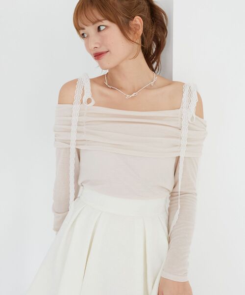 MAJESTIC LEGON(マジェスティックレゴン)の「レースリボン2wayオフショルトップス(Tシャツ/カットソー・レディース・ブラック/グレー/アイボリー/ピンク・MEDIUM)」の4枚目の写真