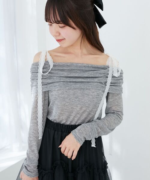 MAJESTIC LEGON(マジェスティックレゴン)の「レースリボン2wayオフショルトップス(Tシャツ/カットソー・レディース・ブラック/グレー/アイボリー/ピンク・MEDIUM)」の10枚目の写真