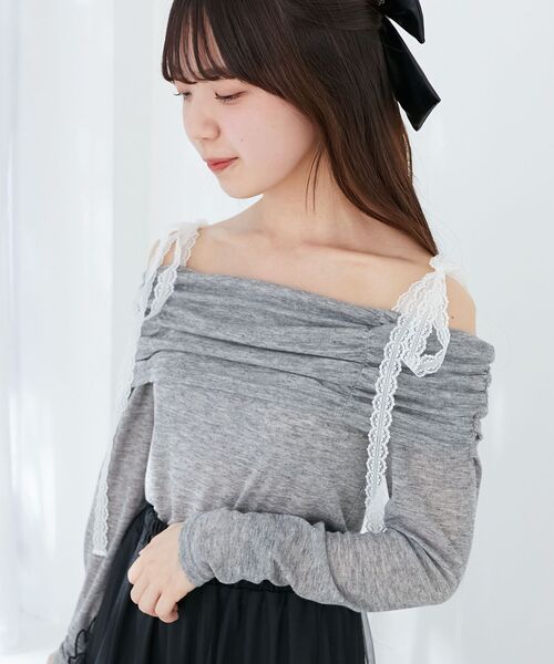 MAJESTIC LEGON(マジェスティックレゴン)の「レースリボン2wayオフショルトップス(Tシャツ/カットソー・レディース・ブラック/グレー/アイボリー/ピンク・MEDIUM)」の11枚目の写真