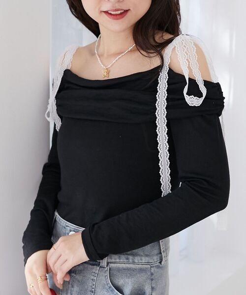 MAJESTIC LEGON(マジェスティックレゴン)の「レースリボン2wayオフショルトップス(Tシャツ/カットソー・レディース・ブラック/グレー/アイボリー/ピンク・MEDIUM)」の18枚目の写真
