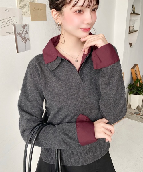 moment+（モーメントプラス）の「シャツレイヤードライク襟付きポロニットプルオーバー（ニット/セーター・レディース・アイボリー/杢グレー/チャコールグレー/ネイビー・M）」の3枚目の写真