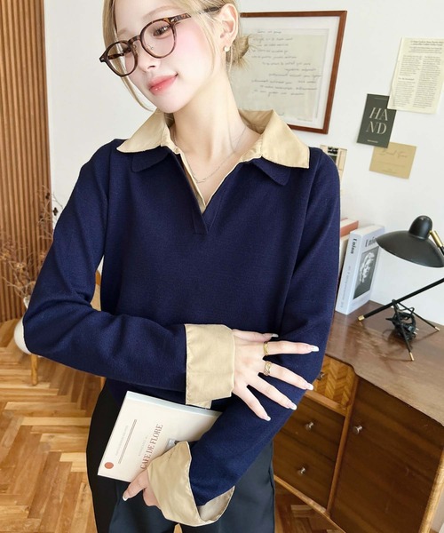 moment+（モーメントプラス）の「シャツレイヤードライク襟付きポロニットプルオーバー（ニット/セーター・レディース・アイボリー/杢グレー/チャコールグレー/ネイビー・M）」の22枚目の写真