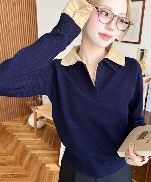 moment+（モーメントプラス）の「シャツレイヤードライク襟付きポロニットプルオーバー（ニット/セーター・レディース・アイボリー/杢グレー/チャコールグレー/ネイビー・M）」の21枚目の写真