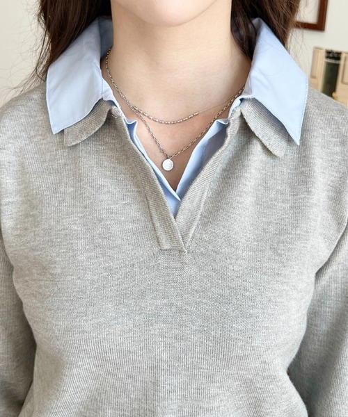 moment+（モーメントプラス）の「シャツレイヤードライク襟付きポロニットプルオーバー（ニット/セーター・レディース・アイボリー/杢グレー/チャコールグレー/ネイビー・M）」の15枚目の写真