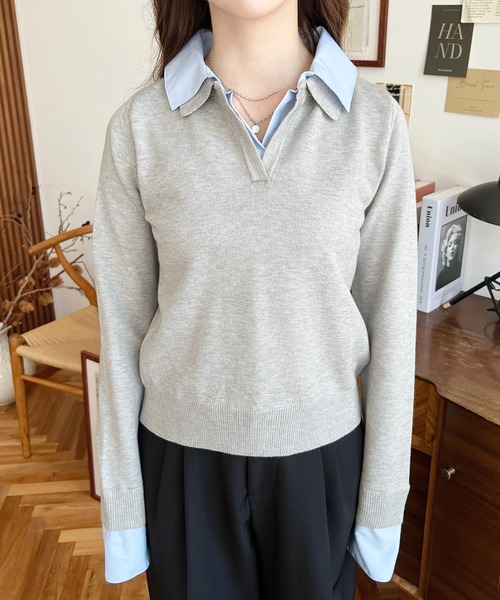moment+（モーメントプラス）の「シャツレイヤードライク襟付きポロニットプルオーバー（ニット/セーター・レディース・アイボリー/杢グレー/チャコールグレー/ネイビー・M）」の14枚目の写真
