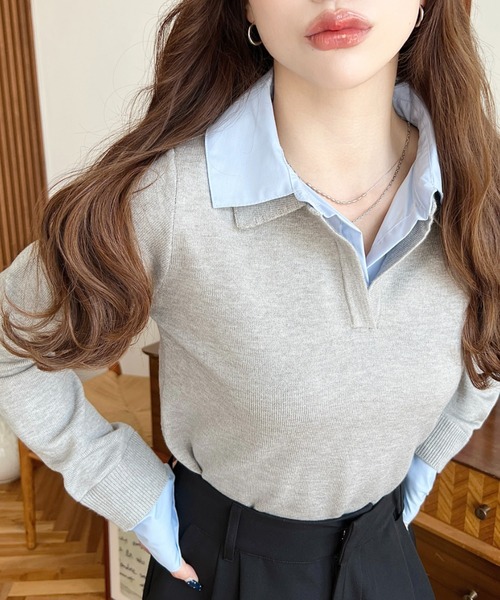 moment+（モーメントプラス）の「シャツレイヤードライク襟付きポロニットプルオーバー（ニット/セーター・レディース・アイボリー/杢グレー/チャコールグレー/ネイビー・M）」の9枚目の写真