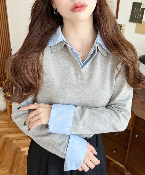 moment+（モーメントプラス）の「シャツレイヤードライク襟付きポロニットプルオーバー（ニット/セーター・レディース・アイボリー/杢グレー/チャコールグレー/ネイビー・M）」の11枚目の写真