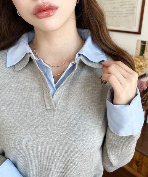 moment+（モーメントプラス）の「シャツレイヤードライク襟付きポロニットプルオーバー（ニット/セーター・レディース・アイボリー/杢グレー/チャコールグレー/ネイビー・M）」の13枚目の写真