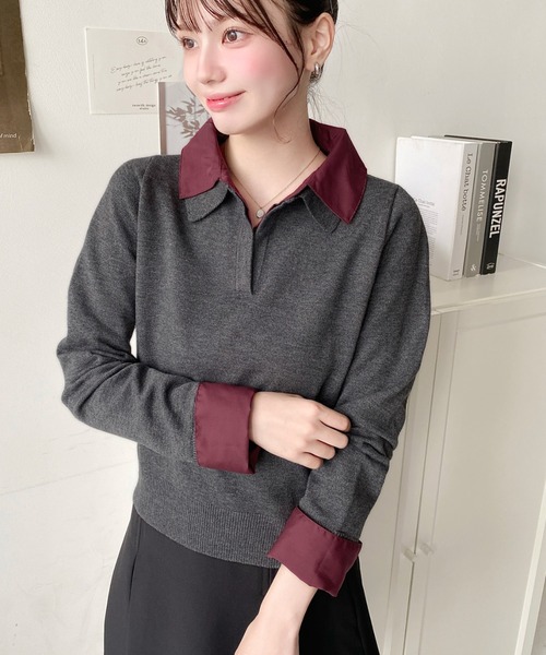moment+（モーメントプラス）の「シャツレイヤードライク襟付きポロニットプルオーバー（ニット/セーター・レディース・アイボリー/杢グレー/チャコールグレー/ネイビー・M）」の6枚目の写真