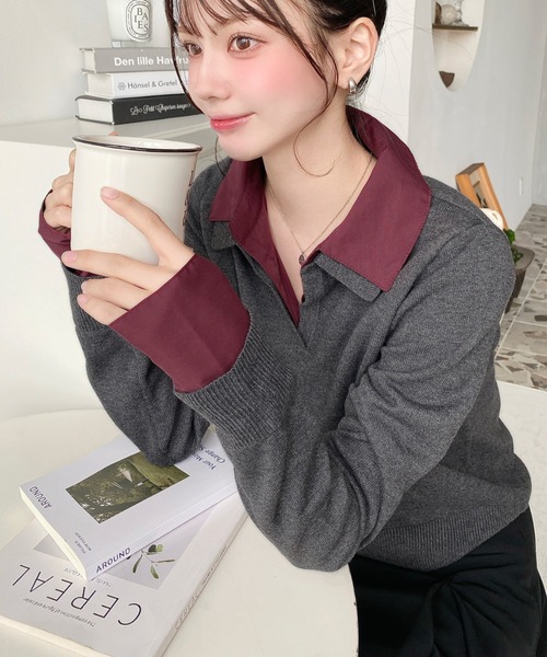 moment+（モーメントプラス）の「シャツレイヤードライク襟付きポロニットプルオーバー（ニット/セーター・レディース・アイボリー/杢グレー/チャコールグレー/ネイビー・M）」の7枚目の写真