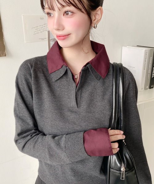 moment+（モーメントプラス）の「シャツレイヤードライク襟付きポロニットプルオーバー（ニット/セーター・レディース・アイボリー/杢グレー/チャコールグレー/ネイビー・M）」の5枚目の写真