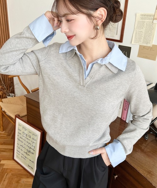 【新品未使用タグ付き】ワンポイントレイヤードポロニットプルオーバー セール】シャツレイヤードライク襟付きポロニットプルオーバー