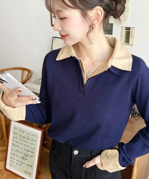 セール】シャツレイヤードライク襟付きポロニットプルオーバー（ニット