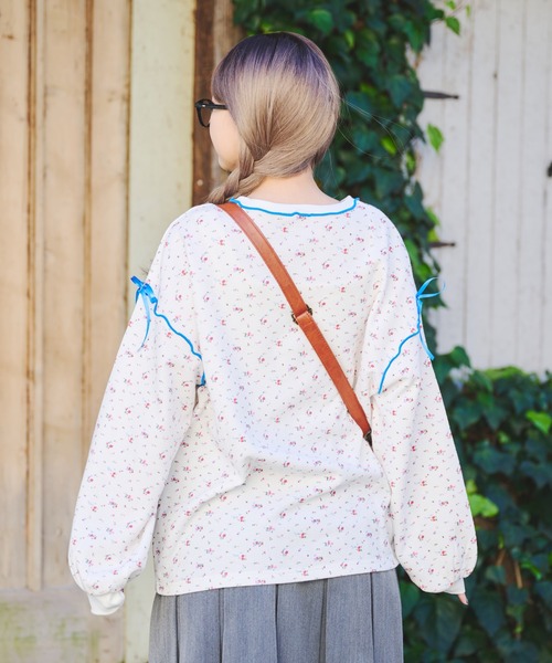 kutir 小花柄ワッフルリボンロンT サーマルロンT トップス 小花柄ワッフルリボンロンT/サーマルロンT（Tシャツ/カットソー
