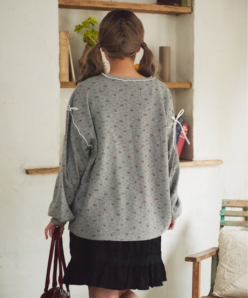 kutir 小花柄ワッフルリボンロンT サーマルロンT トップス 小花柄ワッフルリボンロンT/サーマルロンT（Tシャツ/カットソー