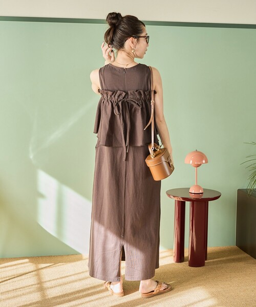 リボン柄ブラウンノースリーブワンピース クリンクルリボン2WAY