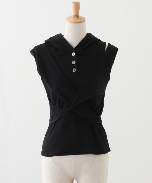 PULP/417EDIFICE(パルプフォーワンセブンエディフィス)の「【Geek Office / ギークオフィス】 エルイーイーワイ STRAP HOODED SLEEVELESS TOP(Tシャツ/カットソー・レディース・チャコールグレー/ブラック・FREE)」の1枚目の写真