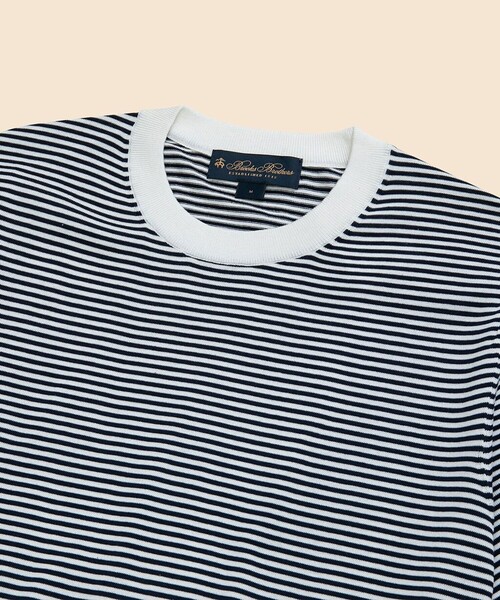BROOKS BROTHERS（ブルックスブラザーズ）の「コットン／シルク　ストライプ　クルーネック　ショートスリーブセーター（ニット/セーター・メンズ・ネイビー/ブラウン・LARGE/MEDIUM/X-LARGE/SMALL）」の4枚目の写真